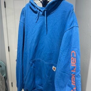 Carhartt Bright Blue Hoodie with Orange Sleeve Logo